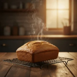 A freshly baked pumpkin bread loaf, steaming as it cools on a wire rack, showing the final result of the best pumpkin bread recipe.