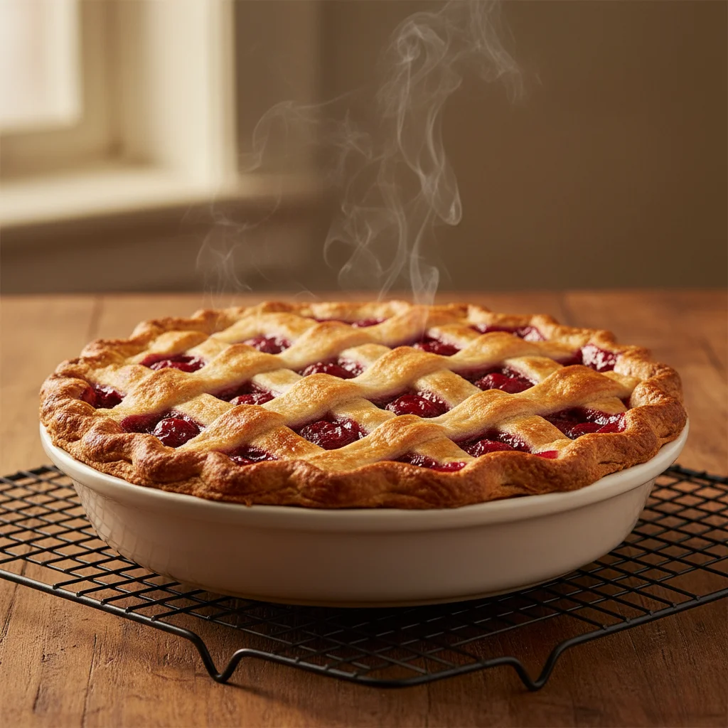 A freshly baked and steaming classic cherry pie with a perfect golden-brown lattice crust, cooling on a wire rack.