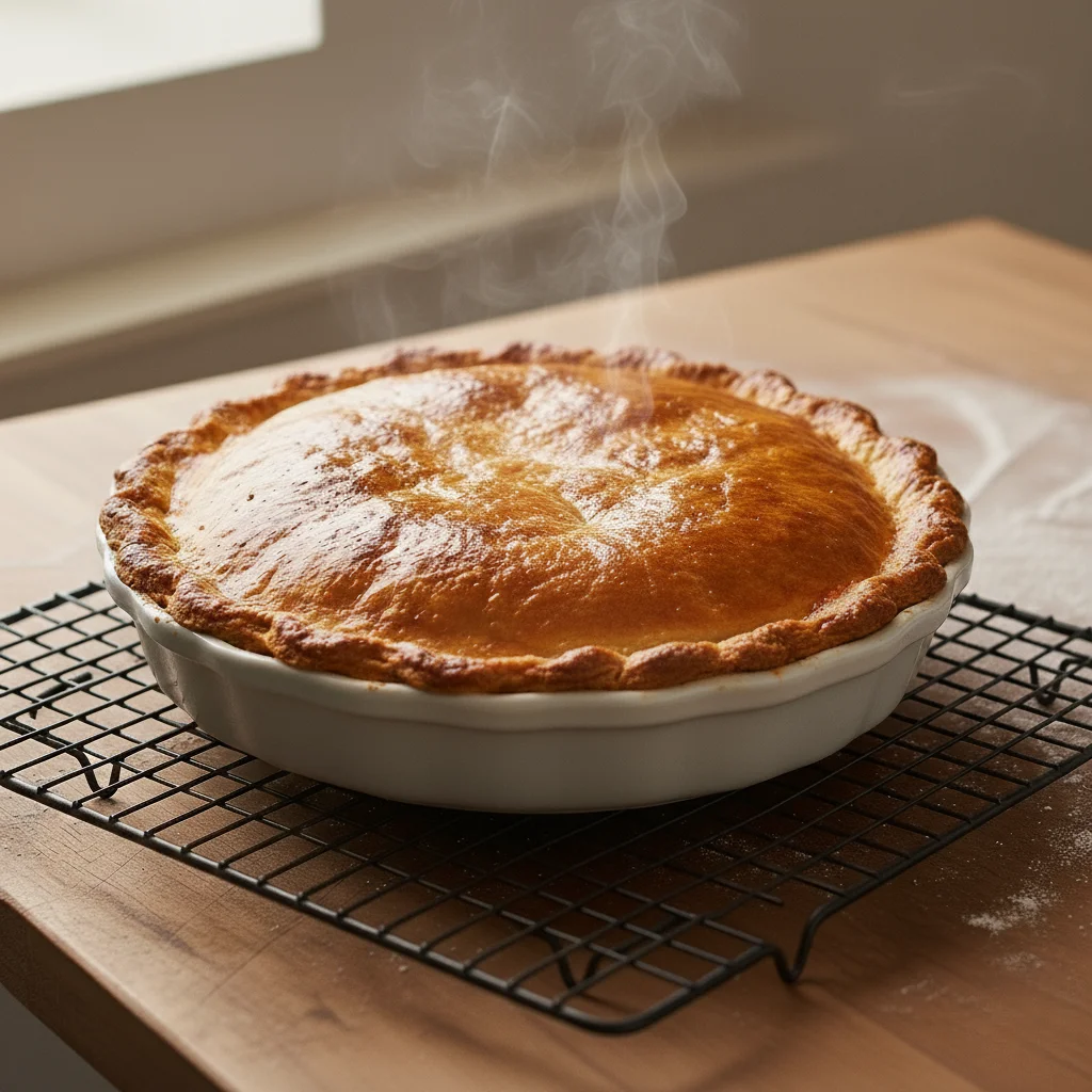 A freshly baked and steaming oven-baked chicken pie with a perfect golden-brown crust, cooling on a wire rack.