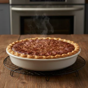 A hot, steaming, freshly baked homemade pecan pie in a white dish, resting on a black wire cooling rack on a wooden table, with an oven in the background.
