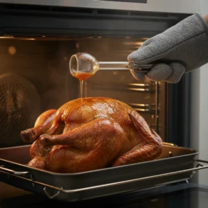 A hand in an oven mitt uses a turkey baster to pour hot pan drippings over a golden-brown roast turkey as it roasts in the oven.