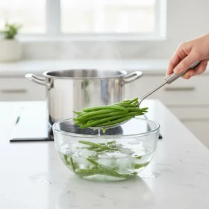A hand using a slotted spoon to move bright green, blanched fresh green beans from a pot of boiling water into a glass bowl of ice water.
