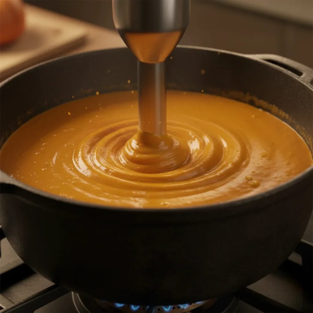 An immersion blender pureeing a simmering pumpkin soup directly in a cast-iron pot to create a perfectly smooth pumpkin soup.