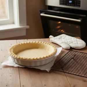 A lightly golden, par-baked pie crust in a white ceramic dish, cooling on a wooden counter after blind baking, with an oven and oven mitt visible in the background.