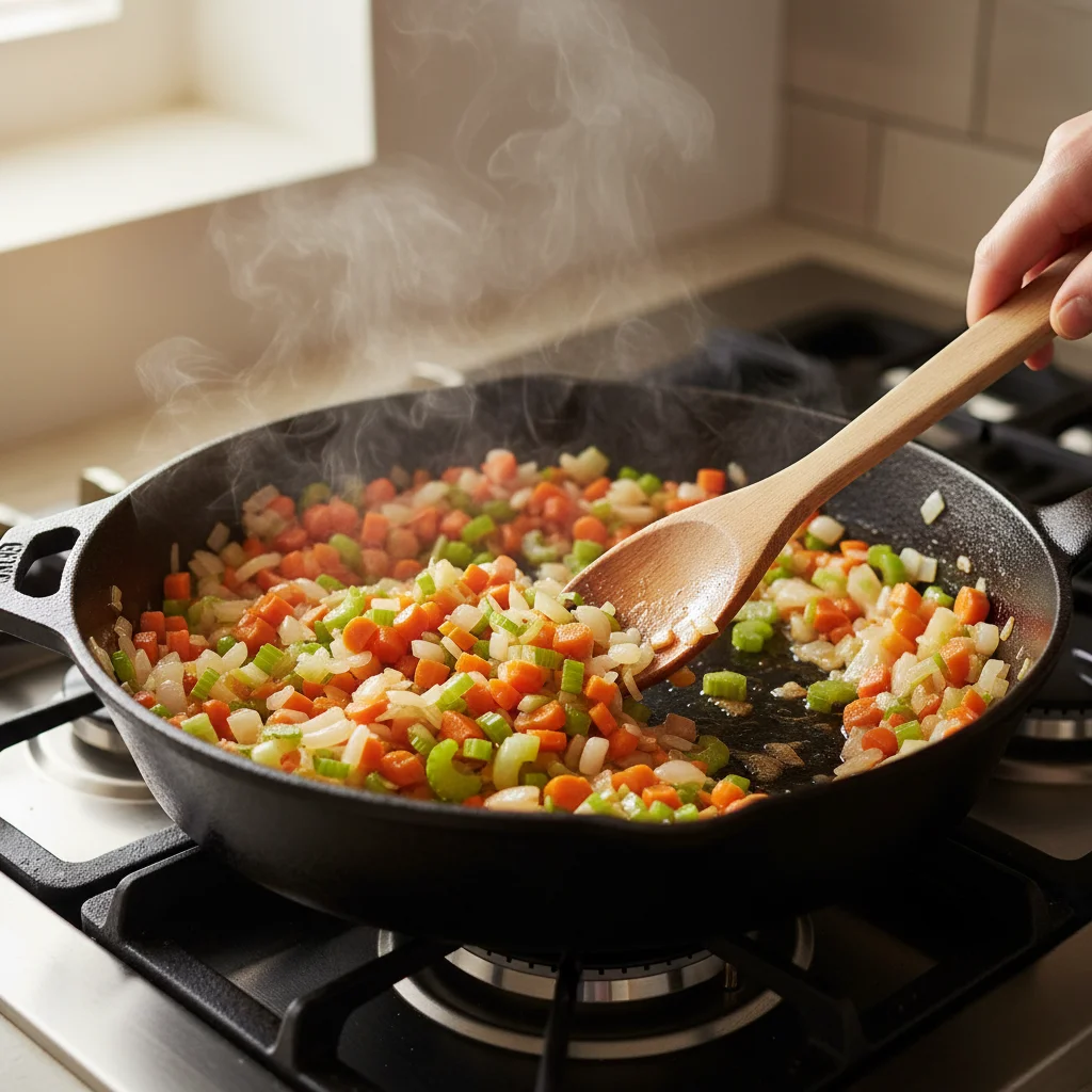 A wooden spoon stirring a mix of finely chopped onions, carrots, and celery as they sauté in a cast-iron skillet, creating the flavorful base for the chicken pie filling.