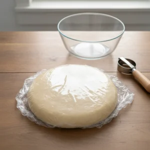 A flat disk of homemade pie dough, tightly wrapped in plastic wrap, resting on a wooden table before being chilled for a pecan pie recipe.