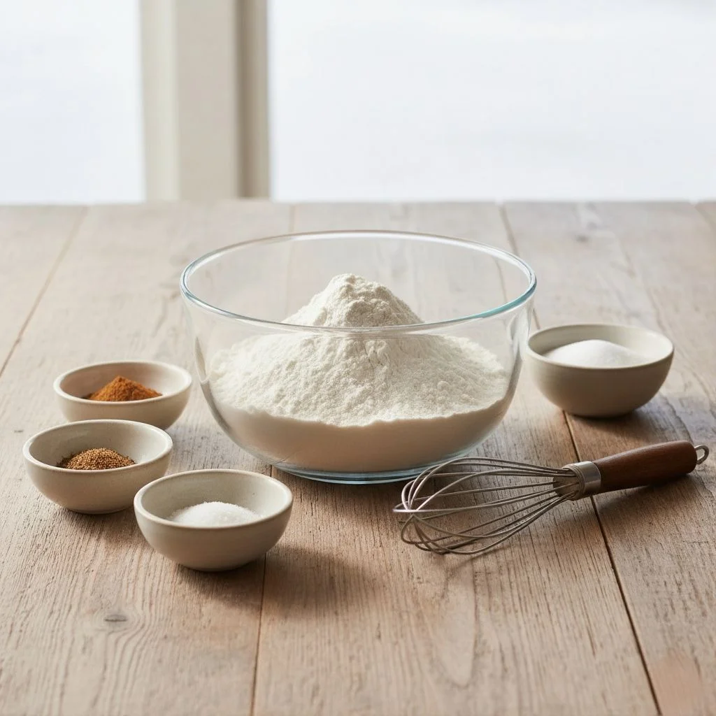 A large bowl of flour surrounded by smaller bowls of sugar and spices, ready to be whisked for a homemade pumpkin bread recipe.