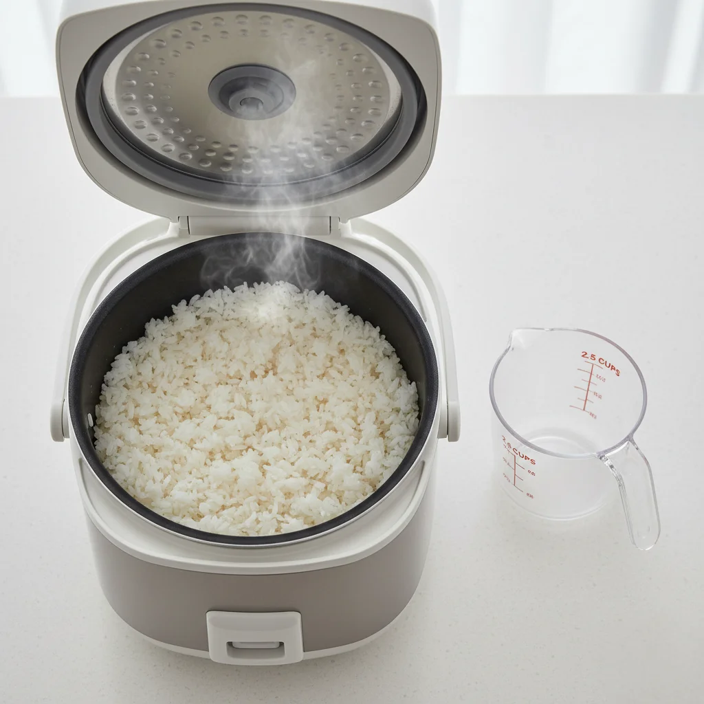 A modern rice cooker is open to reveal perfectly cooked, fluffy white rice with steam rising, demonstrating how to cook perfect rice.