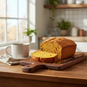 A freshly baked homemade pumpkin bread loaf, with one slice cut and served on a wooden board next to a steaming mug of coffee, on a sunny kitchen counter