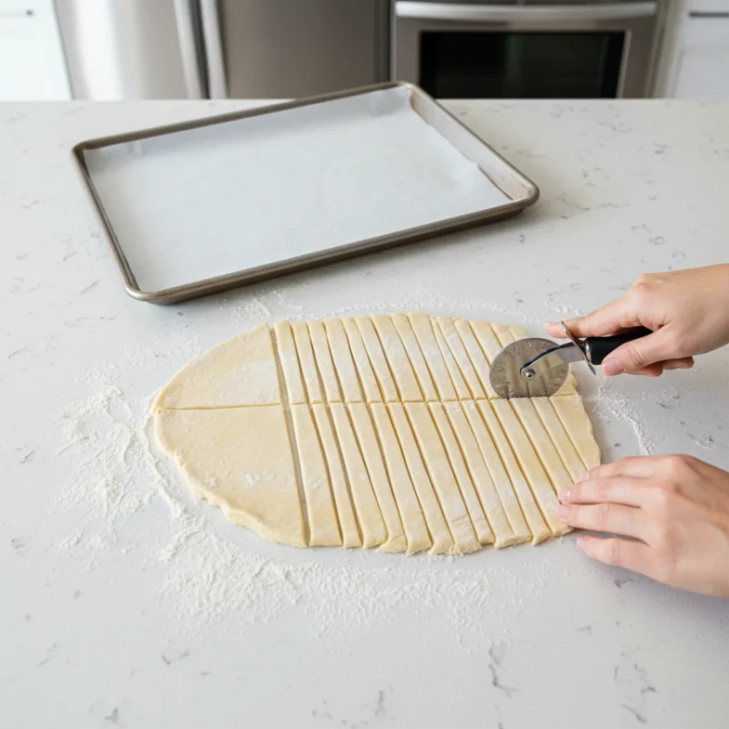 Hands using a pizza cutter to slice unrolled crescent roll dough into thin strips on a floured white counter, with a parchment-lined baking sheet in the background.