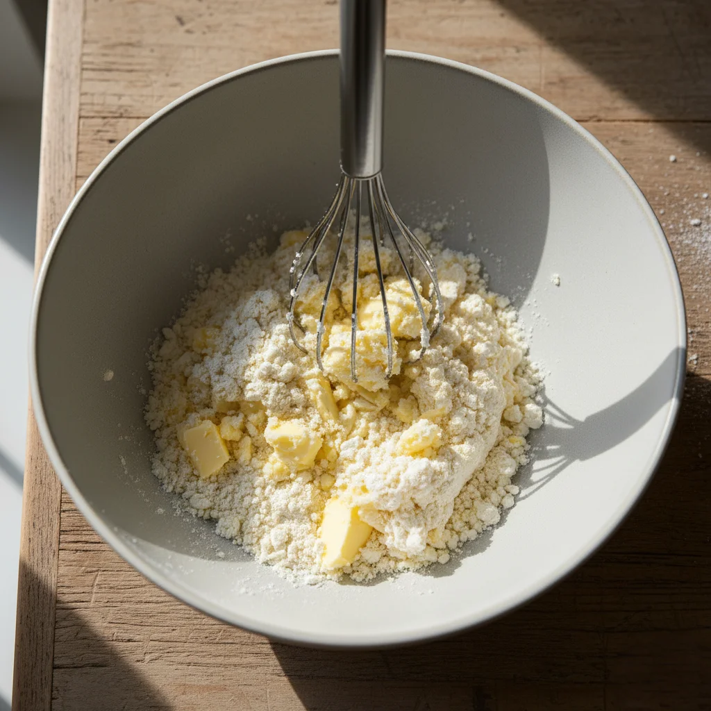 Cutting cold butter into a flour mixture with a whisk to create the base for a flaky crust pot pie.
