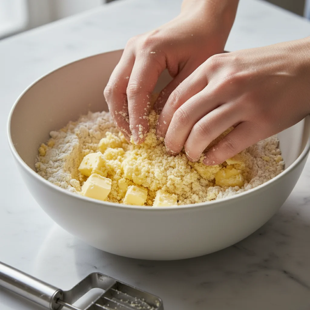 Using fingertips to cut cold, cubed butter into a flour mixture to create a flaky crust for a homemade cherry pie recipe.