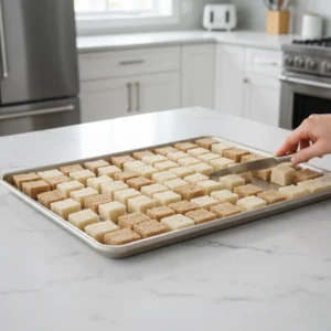 A hand cuts and arranges small cubes of white and wheat bread on a large baking sheet, preparing them to be dried for a homemade stuffing recipe.