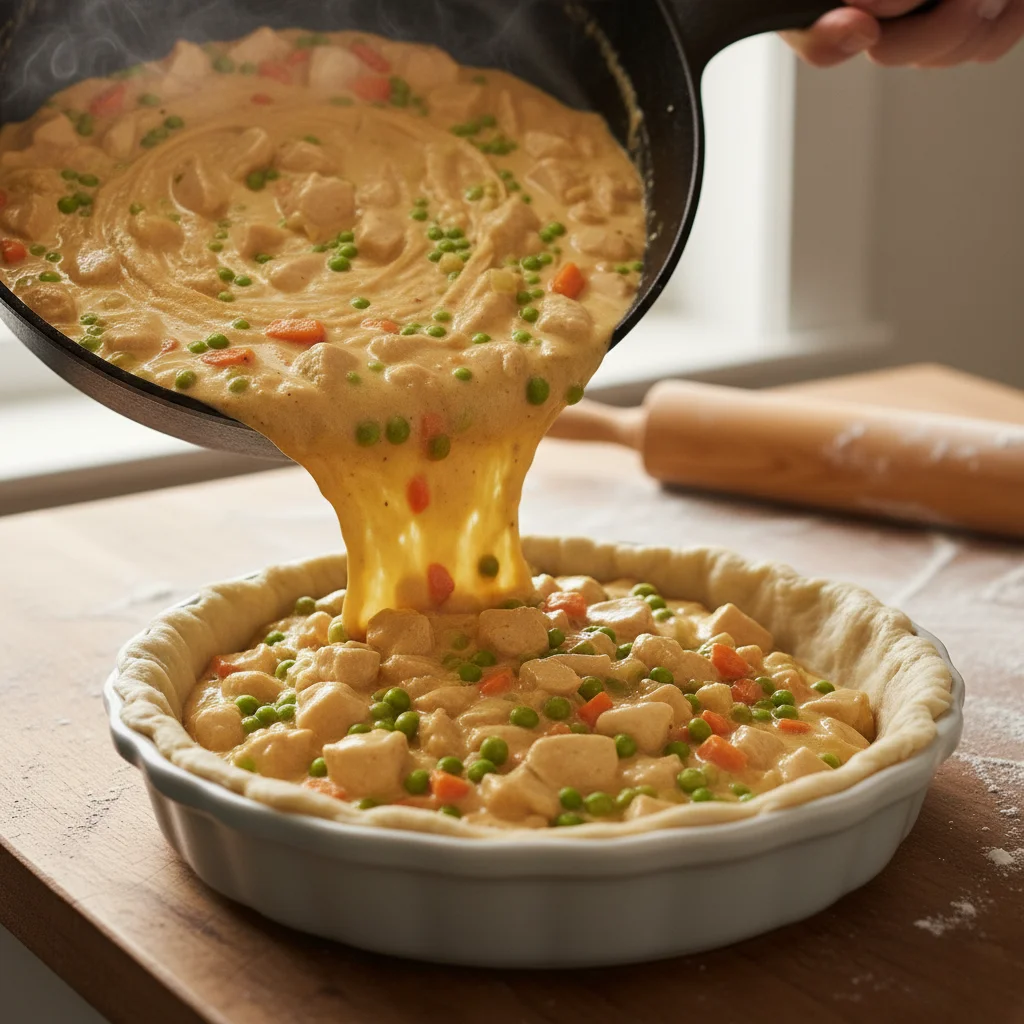 Pouring the hot, creamy chicken pie filling from a cast-iron skillet into a prepared pie crust to assemble a homemade chicken pot pie.