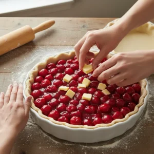 Hands dotting the top of a vibrant cherry filling with small cubes of butter in a pie crust, a key step for a sweet cherry pie