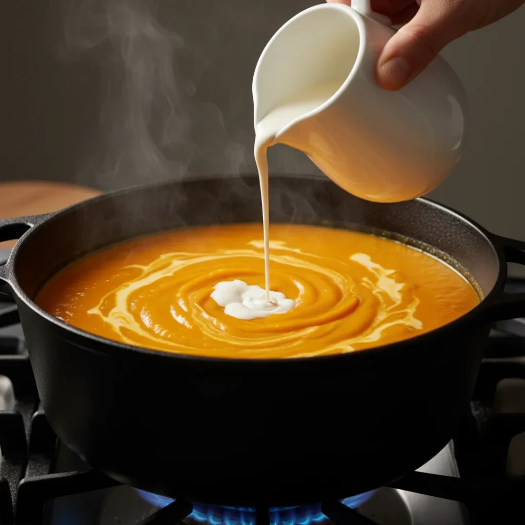 A hand pouring a stream of heavy cream into a pot of steaming, creamy pumpkin soup on the stove, creating a beautiful swirl.