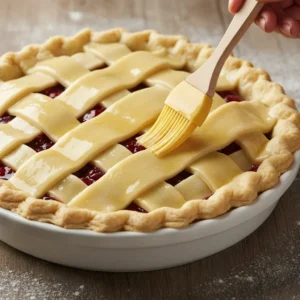 A hand applying an egg wash with a pastry brush to the lattice crust of a homemade cherry pie before baking.
