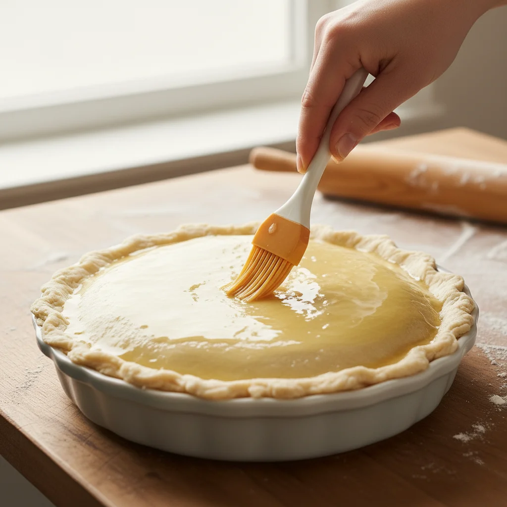 A hand using a pastry brush to apply an egg wash to the top crust of a homemade chicken pot pie for a shiny, golden finish.