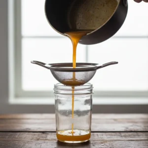 Pouring homemade pumpkin spice syrup from a saucepan through a fine-mesh sieve into a glass jar to ensure a smooth, professional texture for a latte.
