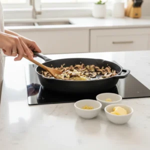 Hands sautéing sliced mushrooms and chopped onions with a wooden spoon in a cast-iron skillet to create a fresh, creamy sauce for a homemade green bean casserole