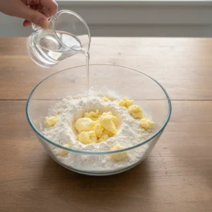 A hand adding ice water from a glass pitcher into a glass bowl containing flour and cold butter pieces to make a homemade pie crust for a pecan pie recipe.