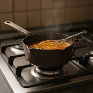 A small saucepan of steaming, homemade pumpkin spice syrup being whisked on the stove, the first step in this pumpkin spice latte recipe.