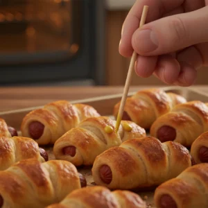 A hand using a toothpick to carefully dot two small yellow mustard eyes onto a golden-baked mummy hot dog resting on a baking sheet.
