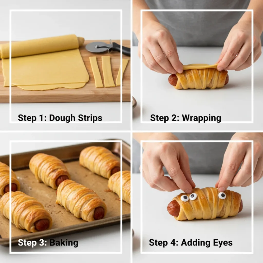 A four-panel photo collage detailing the Mummy Dogs Recipe: 1. Unrolled crescent dough with strips cut. 2. Hands wrapping dough around a hot dog. 3. Baked mummy hot dogs on a baking sheet. 4. Hands adding googly candy eyes to a finished mummy dog.
