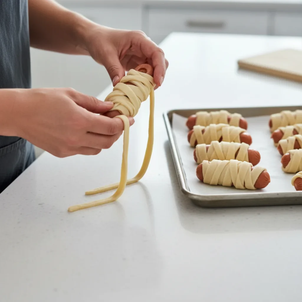 Hands wrapping strips of crescent roll dough around a hot dog to create a mummy-like wrap, with a baking sheet of wrapped mummy dogs ready for the oven.