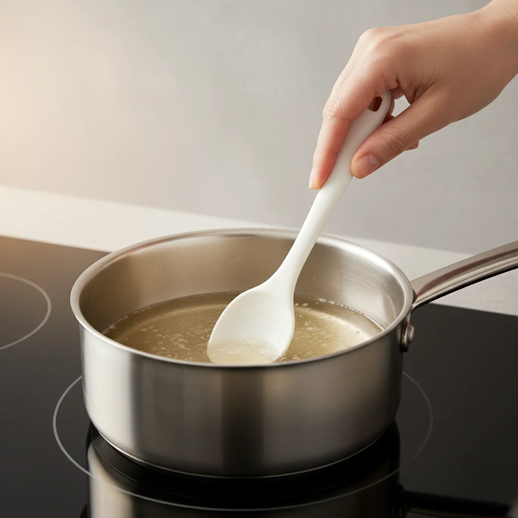 A hand stirring a mixture of rice vinegar, sugar, and salt in a small saucepan to create the perfect sushi rice seasoning.