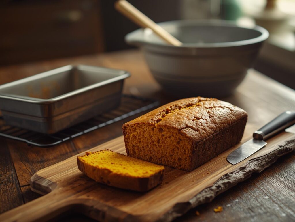 A freshly baked pumpkin loaf on a cutting board, with the baking pan and mixing bowl in the background, telling the story of this homemade pumpkin bread recipe.