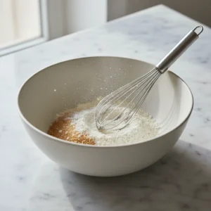 A whisk mixing flour, sugar, and salt in a white bowl, the first step in making a homemade pie crust for this cherry pie recipe.