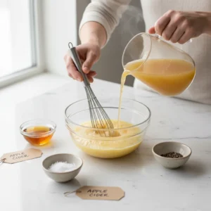 Hands pouring warm chicken broth into a glass bowl of whisked eggs, combining the liquid base for a moist homemade stuffing recipe.