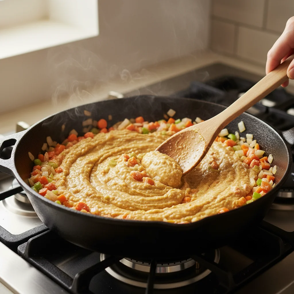 A wooden spoon stirring a golden roux into sautéed vegetables in a cast-iron skillet, a key step for a thick and creamy chicken pot pie filling.
