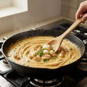 A wooden spoon stirring a smooth and creamy sauce with chicken and peas in a cast-iron skillet, creating the perfect chicken pie filling.