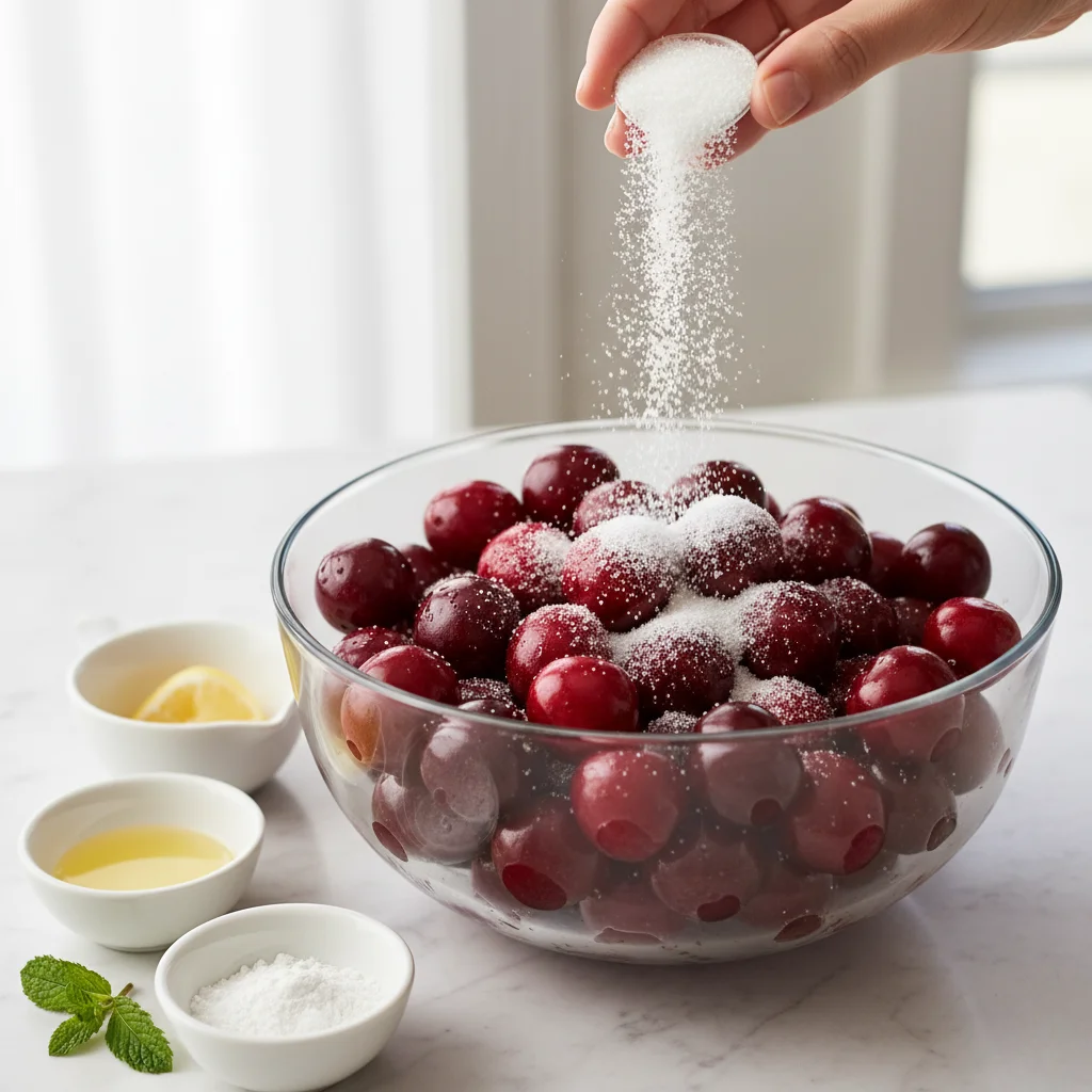A hand pouring sugar over a large glass bowl of fresh cherries, showing the cherry pie ingredients being combined to make the cherry filling.