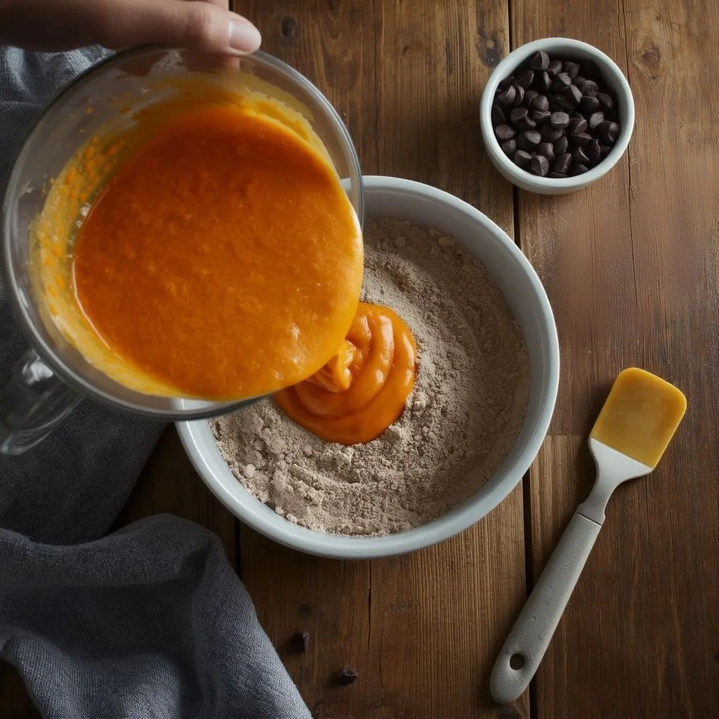 Pouring the wet pumpkin mixture into the dry ingredients to make the batter for a moist pumpkin chocolate chip bread.
