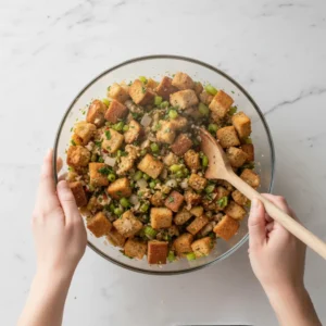 A top-down view of hands using a wooden spoon to gently mix dried stuffing recipe with bread cubes, sautéed celery, onions, and herbs in a large glass bowl on a marble counter.