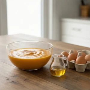 A glass bowl of pumpkin puree next to a carton of eggs and a pitcher of oil, the wet ingredients for a moist pumpkin bread recipe.