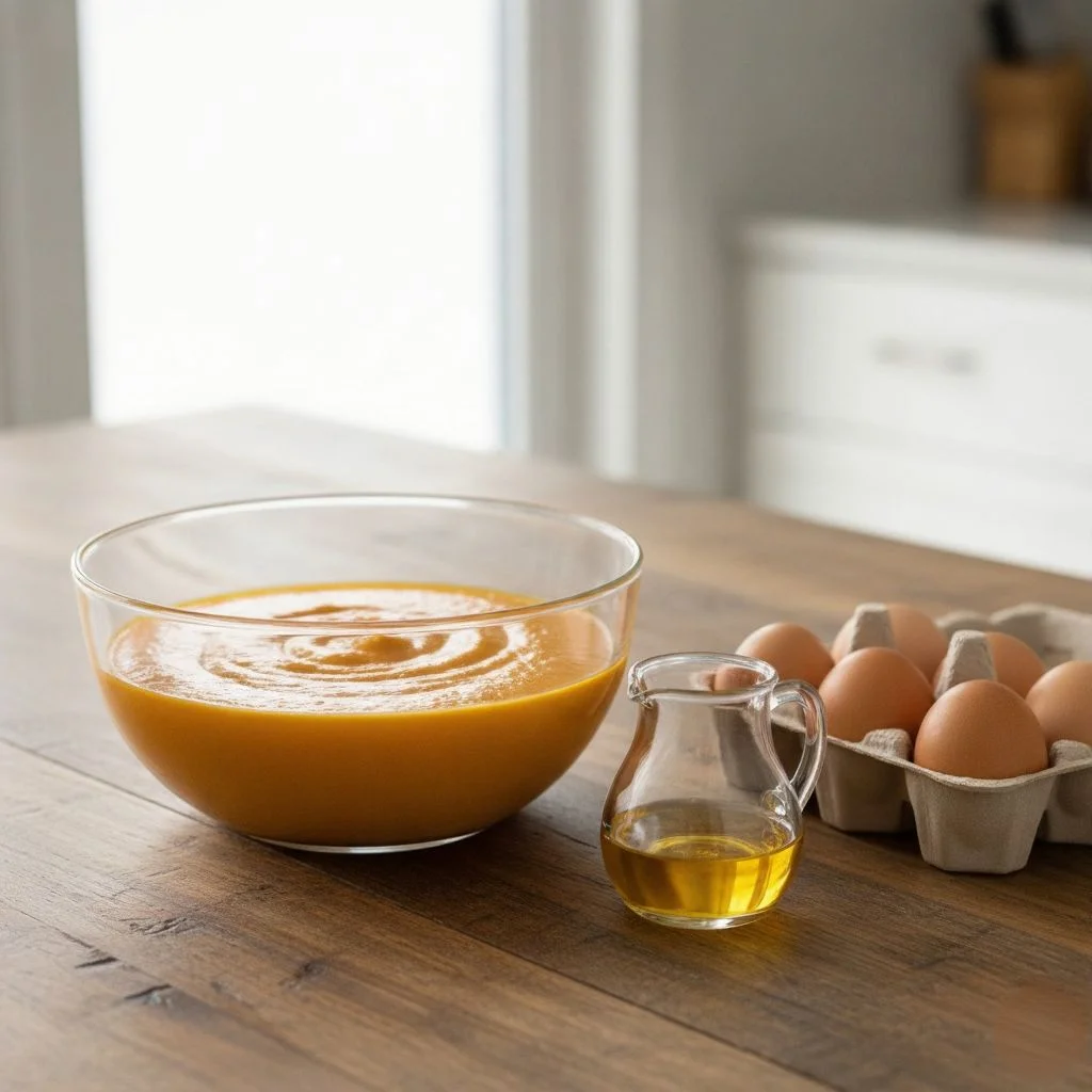 A glass bowl of pumpkin puree next to a carton of eggs and a pitcher of oil, the wet ingredients for a moist pumpkin bread recipe.