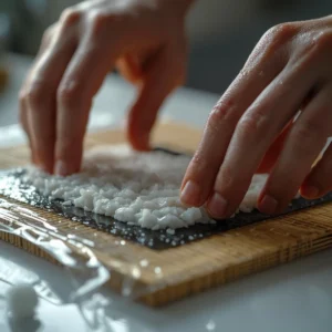 A close-up of wet hands carefully spreading a thin, even layer of sushi rice onto a nori sheet, a crucial step in this homemade sushi recipe.