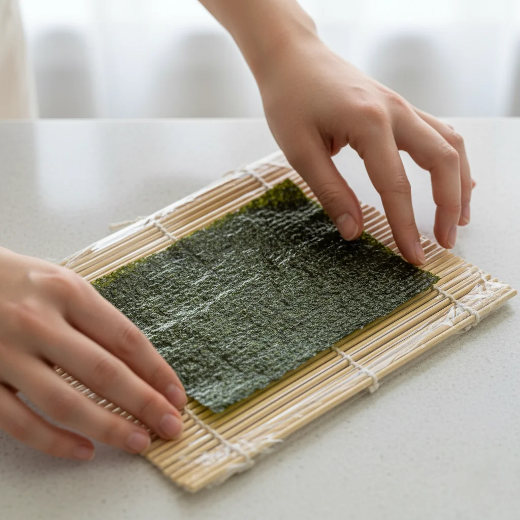 Hands placing a sheet of dark green nori seaweed onto a plastic-wrapped bamboo mat, demonstrating the first step of how to make sushi rolls.