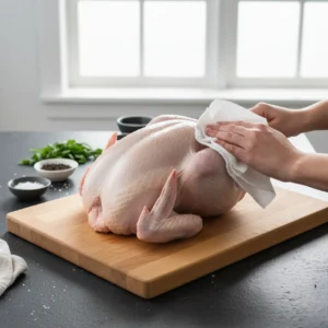 Hands using white paper towels to pat a raw, whole turkey completely dry on a wooden cutting board, prepping it for a juicy roast turkey recipe.