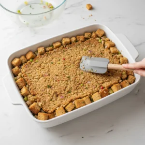 A hand using a gray spatula to spread a homemade stuffing recipe, full of bread cubes and celery, evenly into a 9x13 white baking dish.