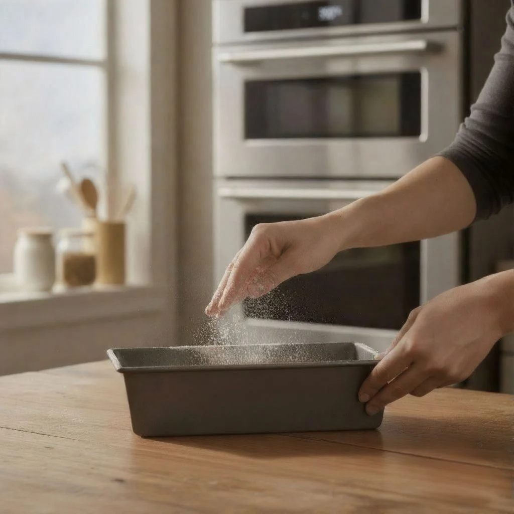 A hand greasing and flouring a 9x5 inch loaf pan, the first step in preparing to bake a delicious homemade pumpkin bread.