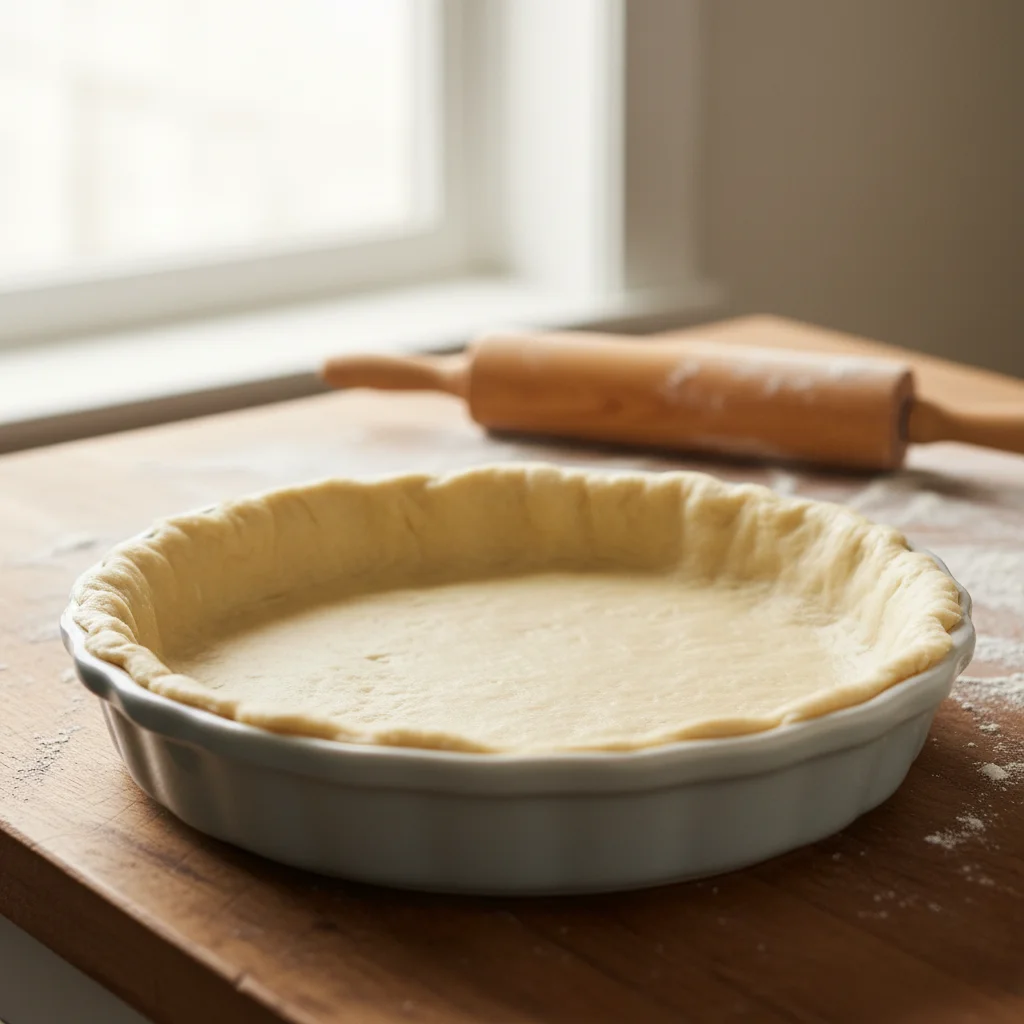 A perfectly fitted unbaked pie crust in a white ceramic pie dish, creating the base for a homemade chicken pot pie.