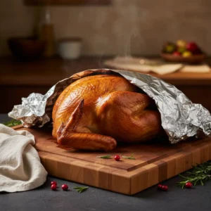 A hot, golden-brown roast turkey resting on a wooden cutting board, loosely tented with aluminum foil to keep it warm and allow the juices to redistribute.