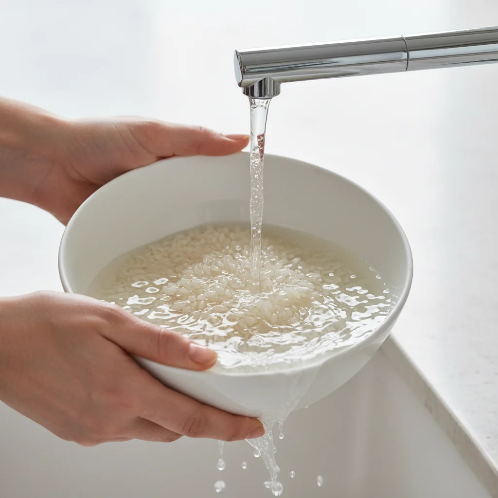 Hands holding a white bowl of white rice under a running faucet, demonstrating how to rinse rice properly before cooking.