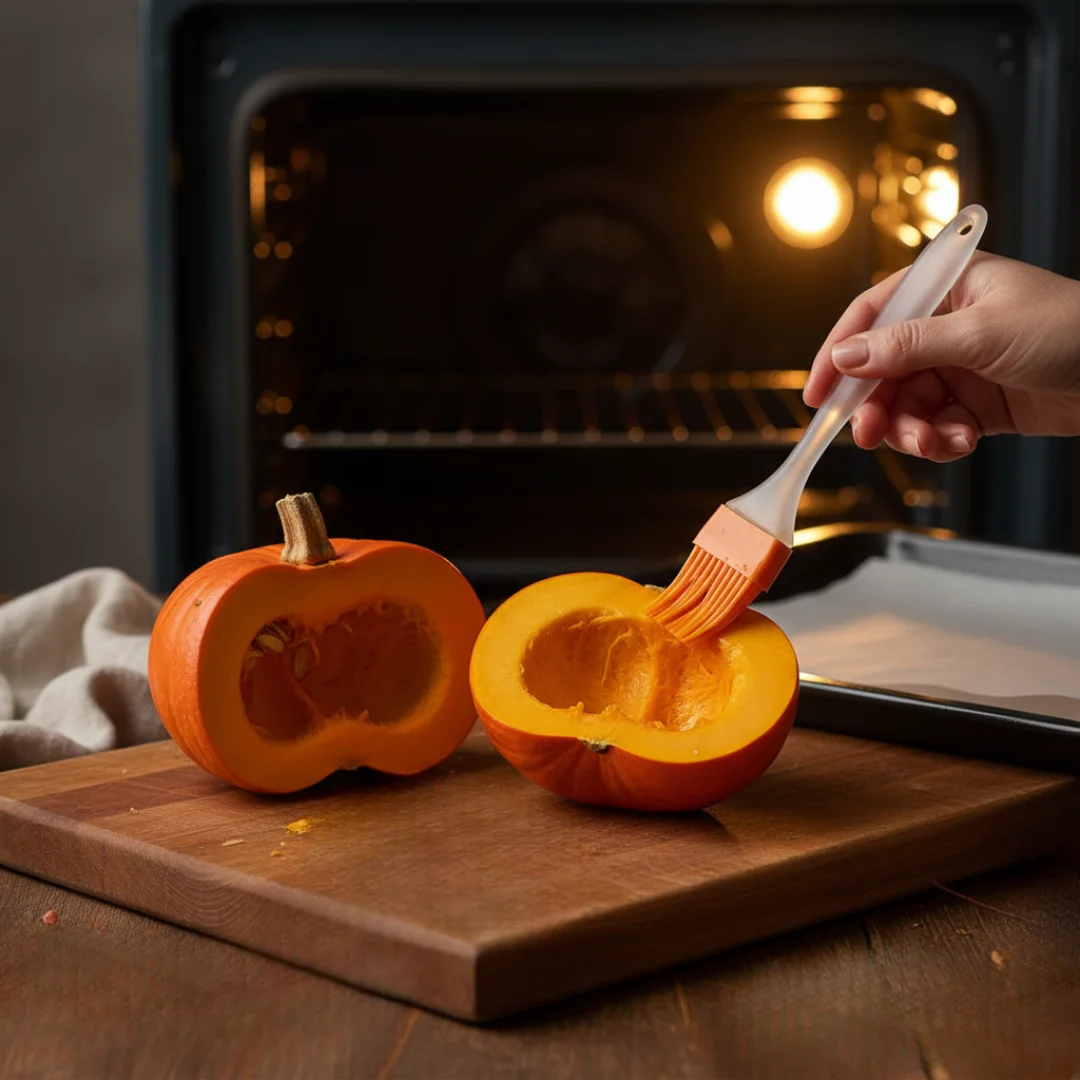 A hand using a pastry brush to apply olive oil to the inside of a halved pumpkin before roasting it for a creamy roasted pumpkin soup recipe.