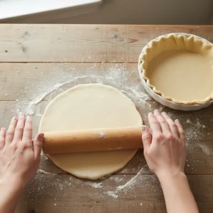 Hands rolling out a disk of pie dough on a floured surface, with a pie dish already lined with a flaky pie crust for a homemade cherry pie.